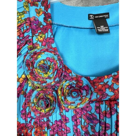 New Directions Dress Womens A Line Turquoise Blue Floral Pleated Short Sleeve - Picture 7 of 14